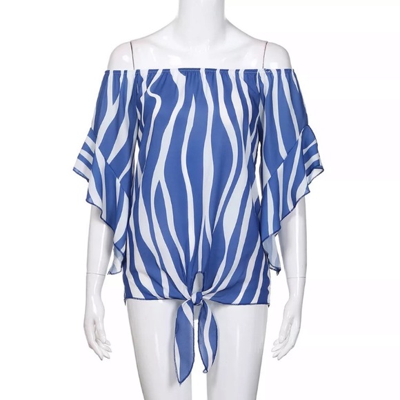 🧩Blue/White Off Shoulder Bell Sleeve Top🧩 - Picture 5 of 5